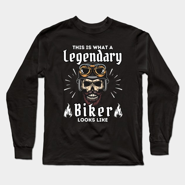 Skull Legendary Biker Motorcycle Mania Long Sleeve T-Shirt by ProLakeDesigns